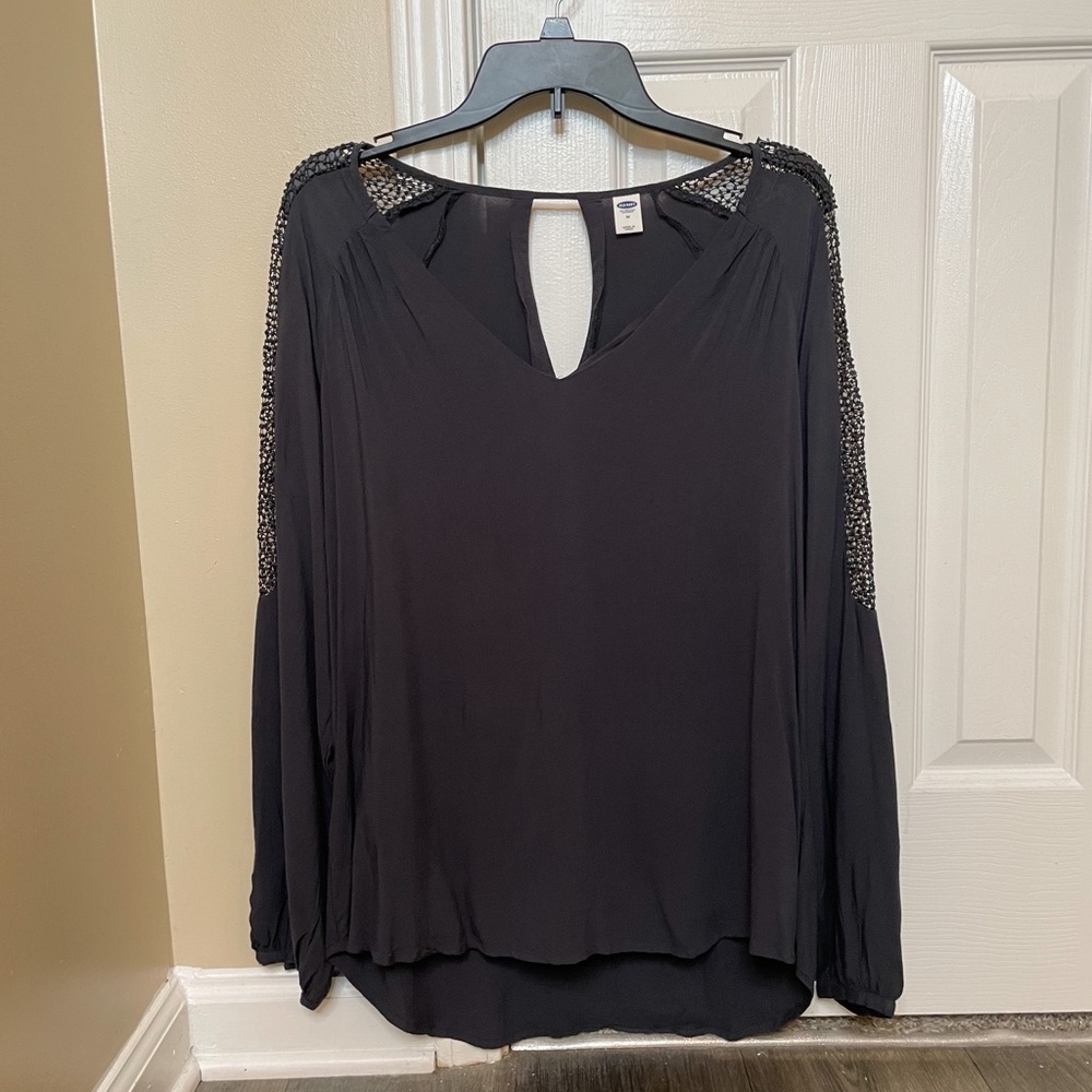 Old Navy Blue V-Neck Blouse with Crochet Detailing and Keyhole Back